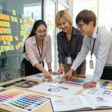 Professional brand strategy workshop with signage design mockups and brand identity materials