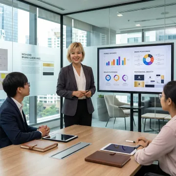 Brand strategist presenting lifestyle brand concepts to client team