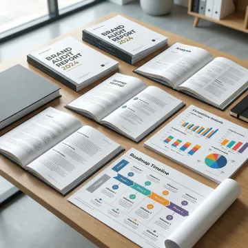 Brand audit process visualization showing strategy documents, research data, and implementation roadmap on conference table