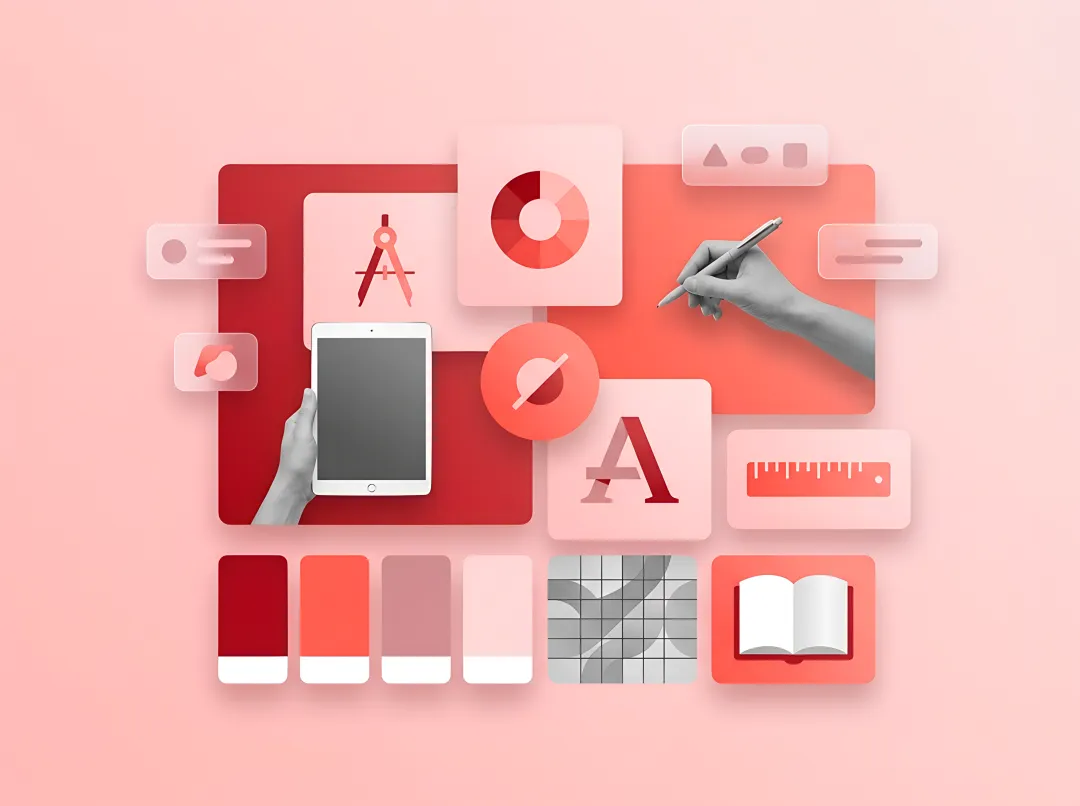 Construction company branding materials and logo designs on desk
