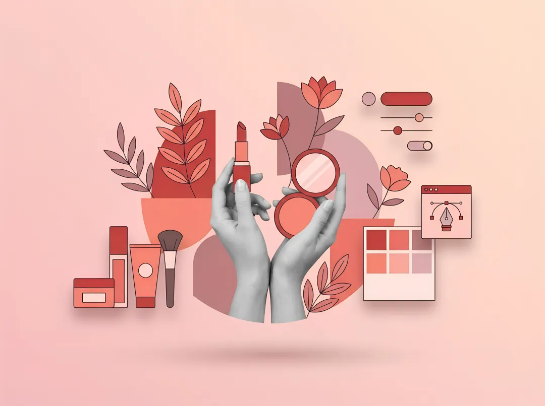 Luxury beauty brand identity elements including premium cosmetic packaging and branding materials