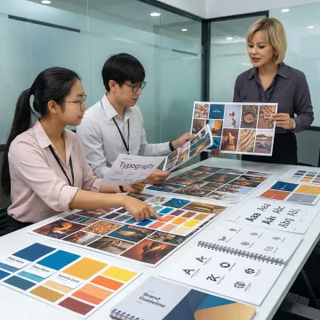Strategic brand visual language consulting session with design elements and brand identity materials