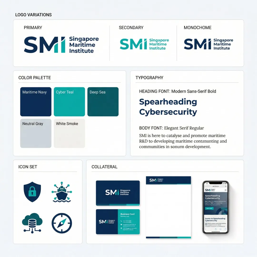 Comprehensive brand visual language system showing logo applications, color palettes, and design elements