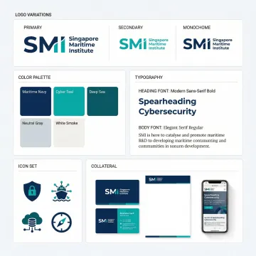 Comprehensive brand visual language system showing logo applications, color palettes, and design elements