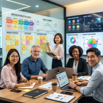 Team collaborating on brand narrative framework during strategic workshop session