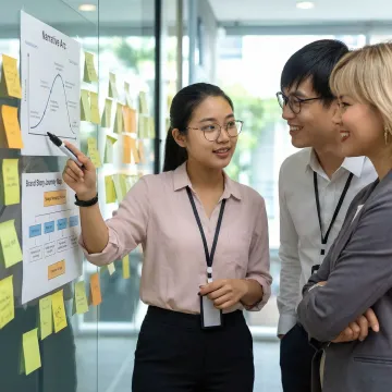 Professional facilitators leading brand story workshop with diverse team members collaborating around table