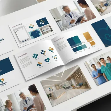 Life science brand identity materials including logo designs and brand guidelines