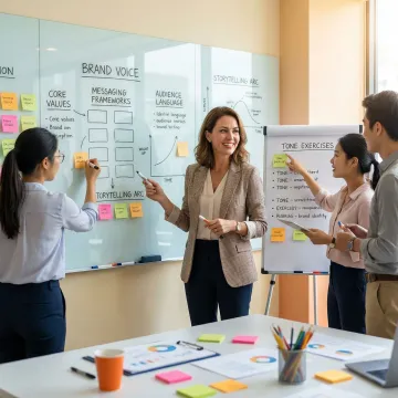 Workshop facilitator leading brand voice training session with team collaboration