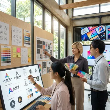 Professional branding team collaborating on brand strategy and identity design