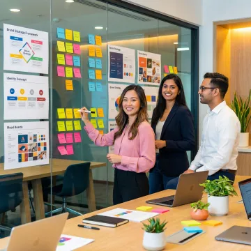 Brand strategy workshop with team collaborating on positioning and identity concepts