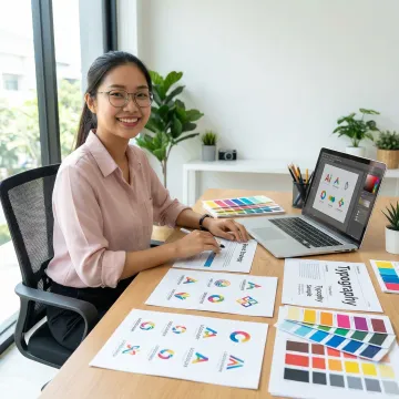 Professional brand designer working on corporate identity system with logo sketches and color palettes