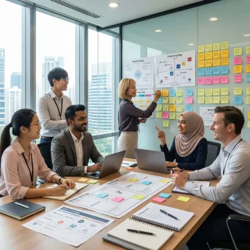 Brand strategy workshop with Singapore business leaders collaborating on brand positioning and market differentiation strategy