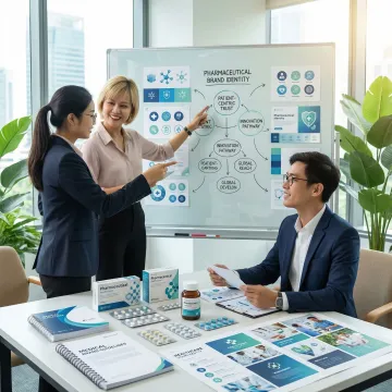 Professional pharmaceutical branding consultation showing brand strategy documents and healthcare visual identity elements