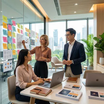 Creative branding agency team collaborating on brand strategy in Singapore office