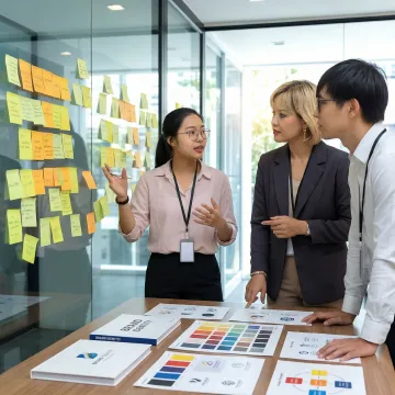 Brand strategy workshop with diverse stakeholders reviewing positioning documents