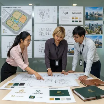 Real estate branding consultation with property development plans and brand materials