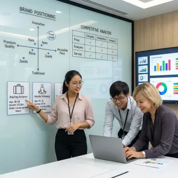 Brand strategy workshop with stakeholders reviewing positioning frameworks and market insights