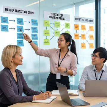 Team mapping a post-merger brand rollout process