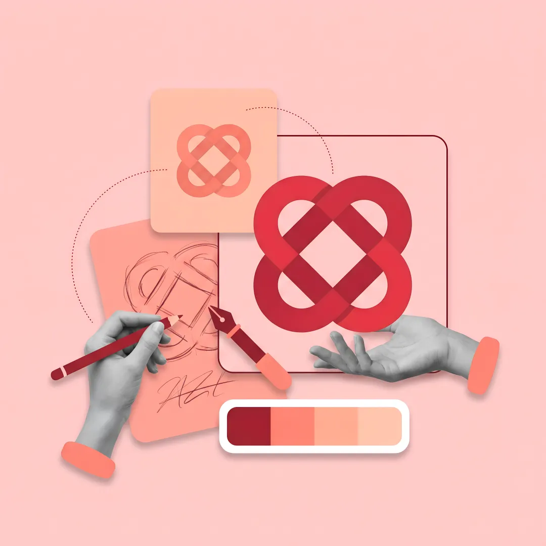 Logo design process showing sketches, digital concepts, and final brand applications