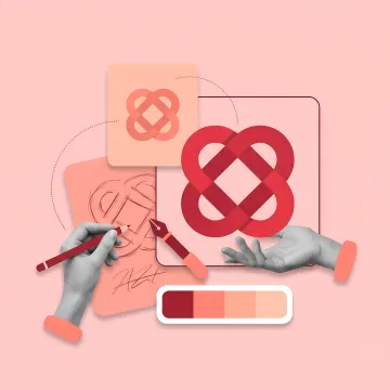 Logo design process showing sketches, digital concepts, and final brand applications