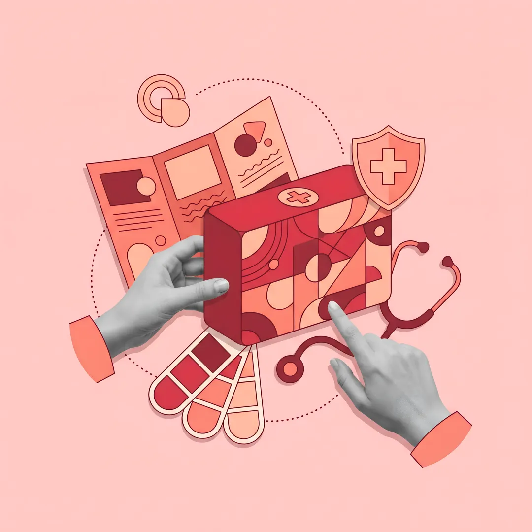 Pharmaceutical brand identity design showing medical packaging, healthcare collateral, and patient-focused brand materials