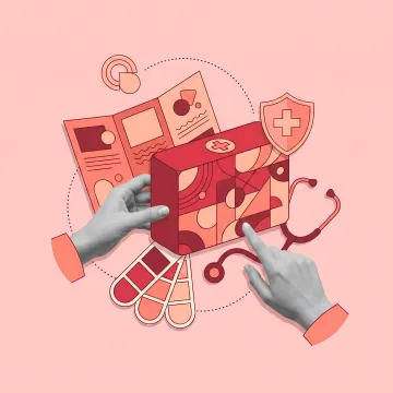 Pharmaceutical brand identity design showing medical packaging, healthcare collateral, and patient-focused brand materials