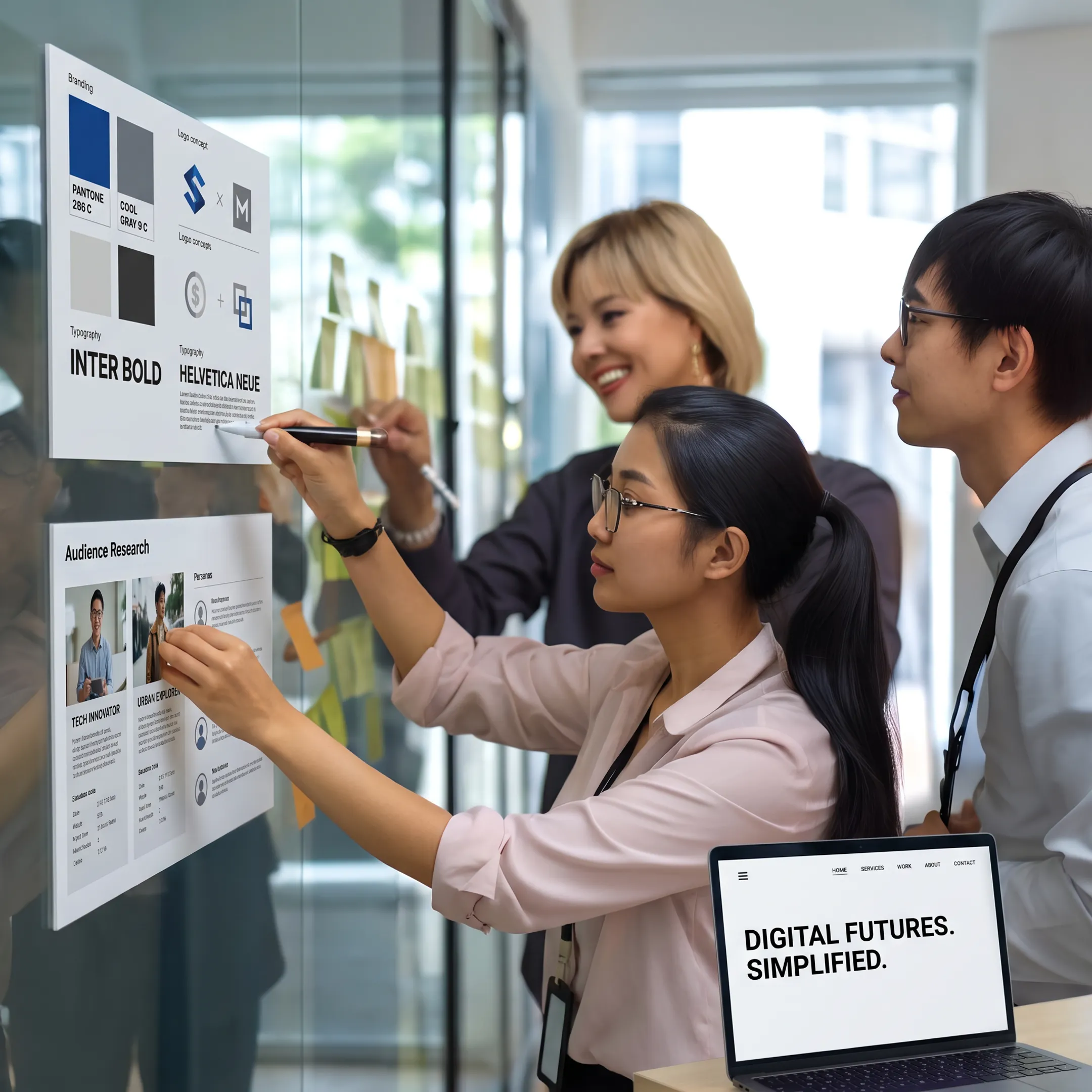 Creative team reviewing a Singapore brand website concept on a large screen