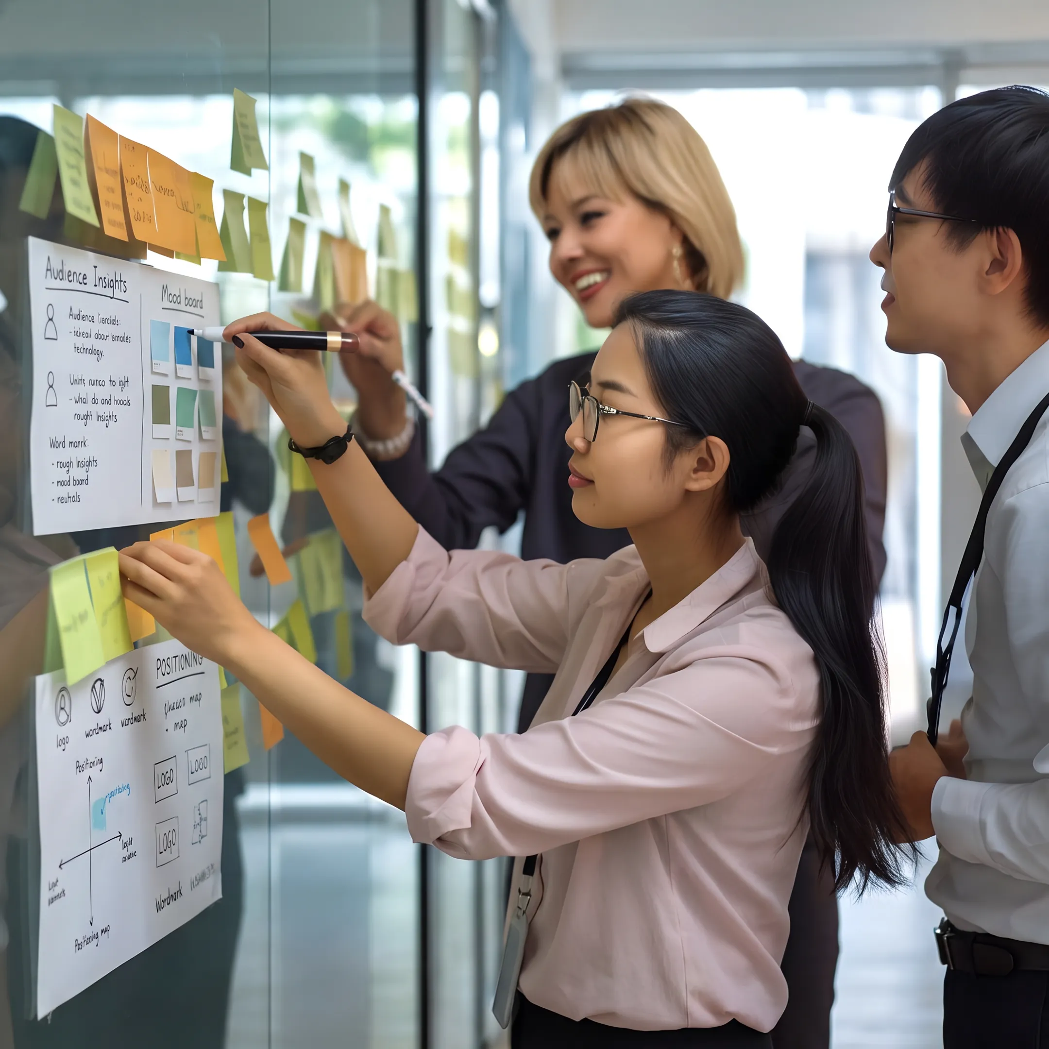 Brand consultant presenting a strategic positioning concept to a client team