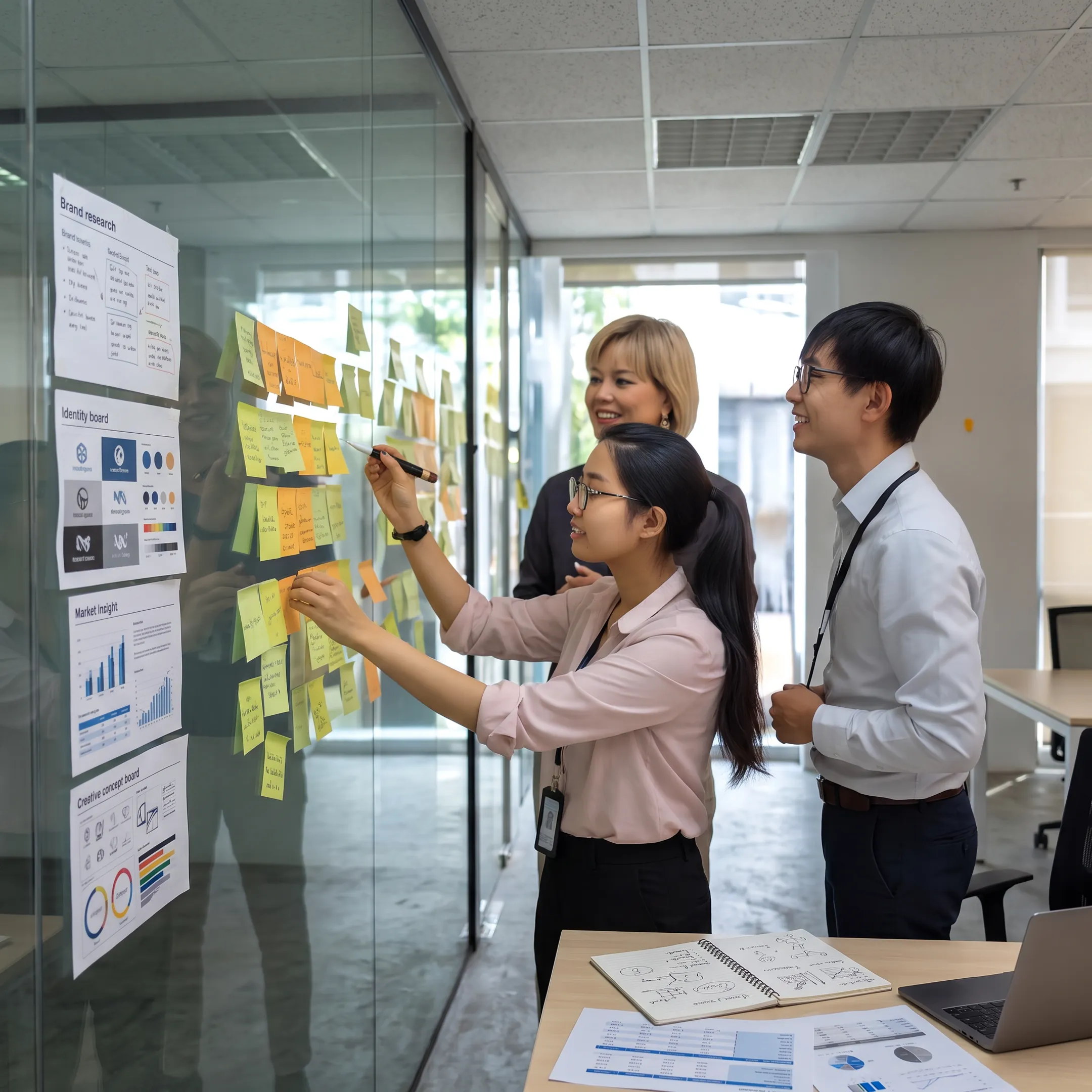 Brand strategists collaborating around a table with identity boards and research materials