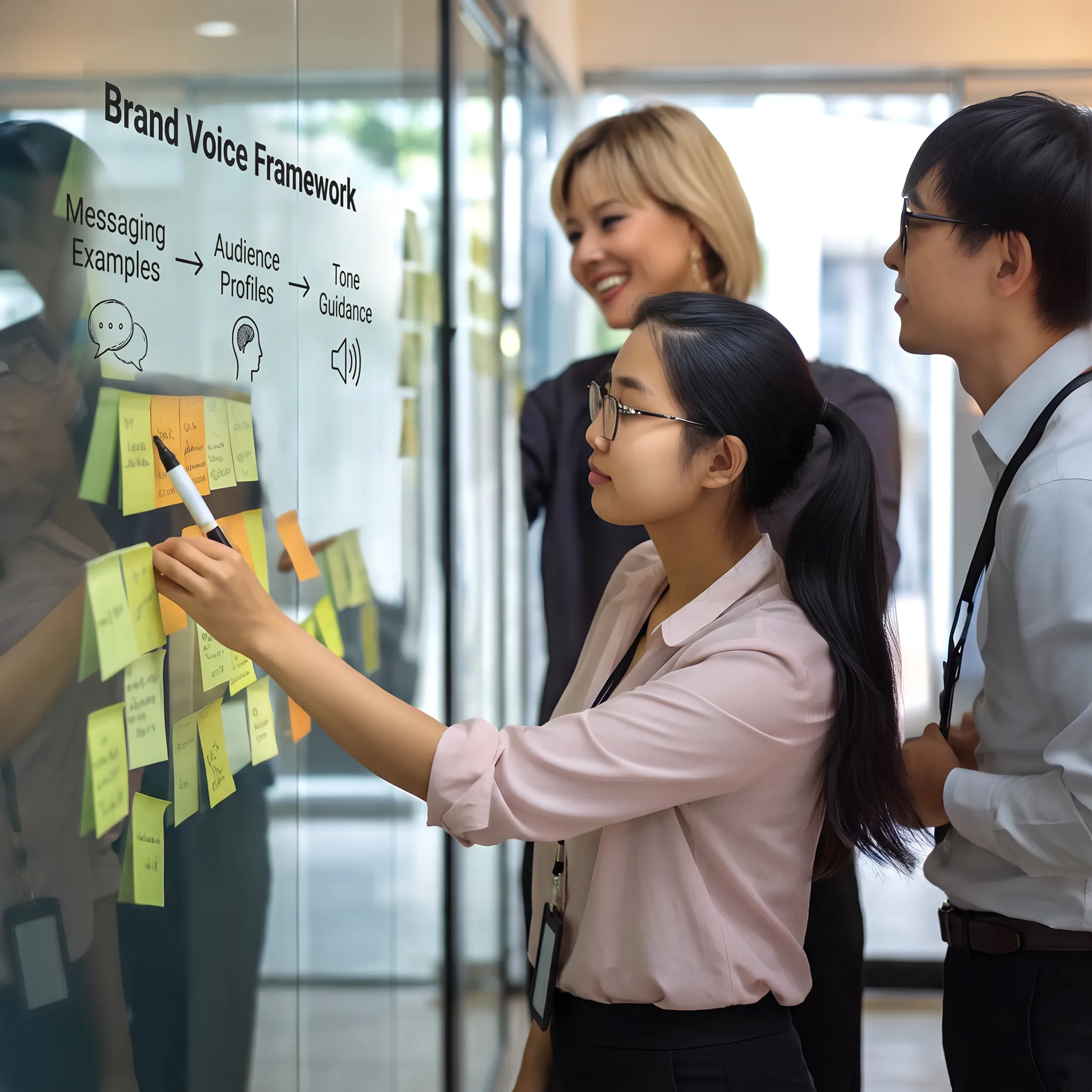 Consultants developing a brand voice framework with messaging examples