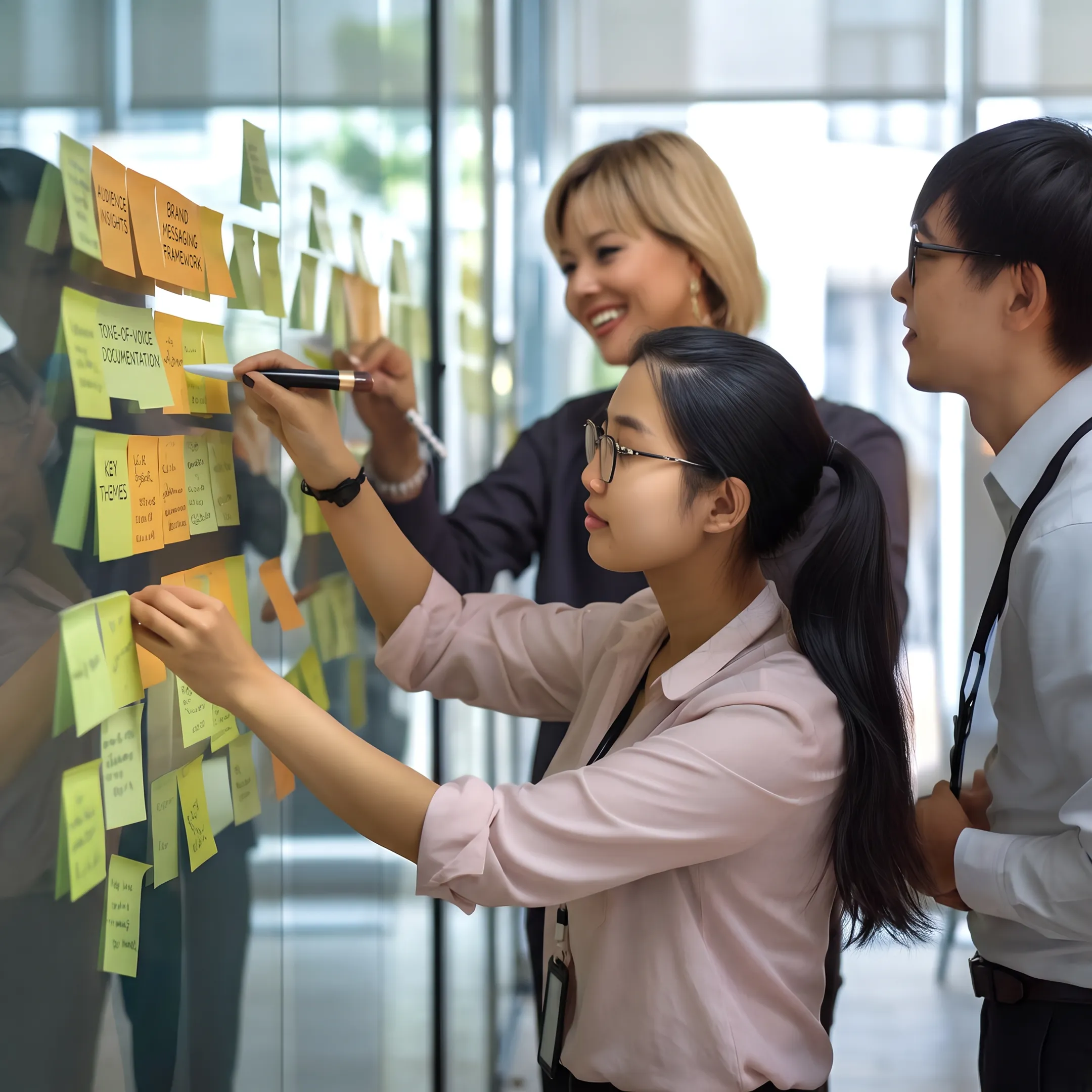 Brand consultants collaborating on a brand voice strategy in a Singapore office