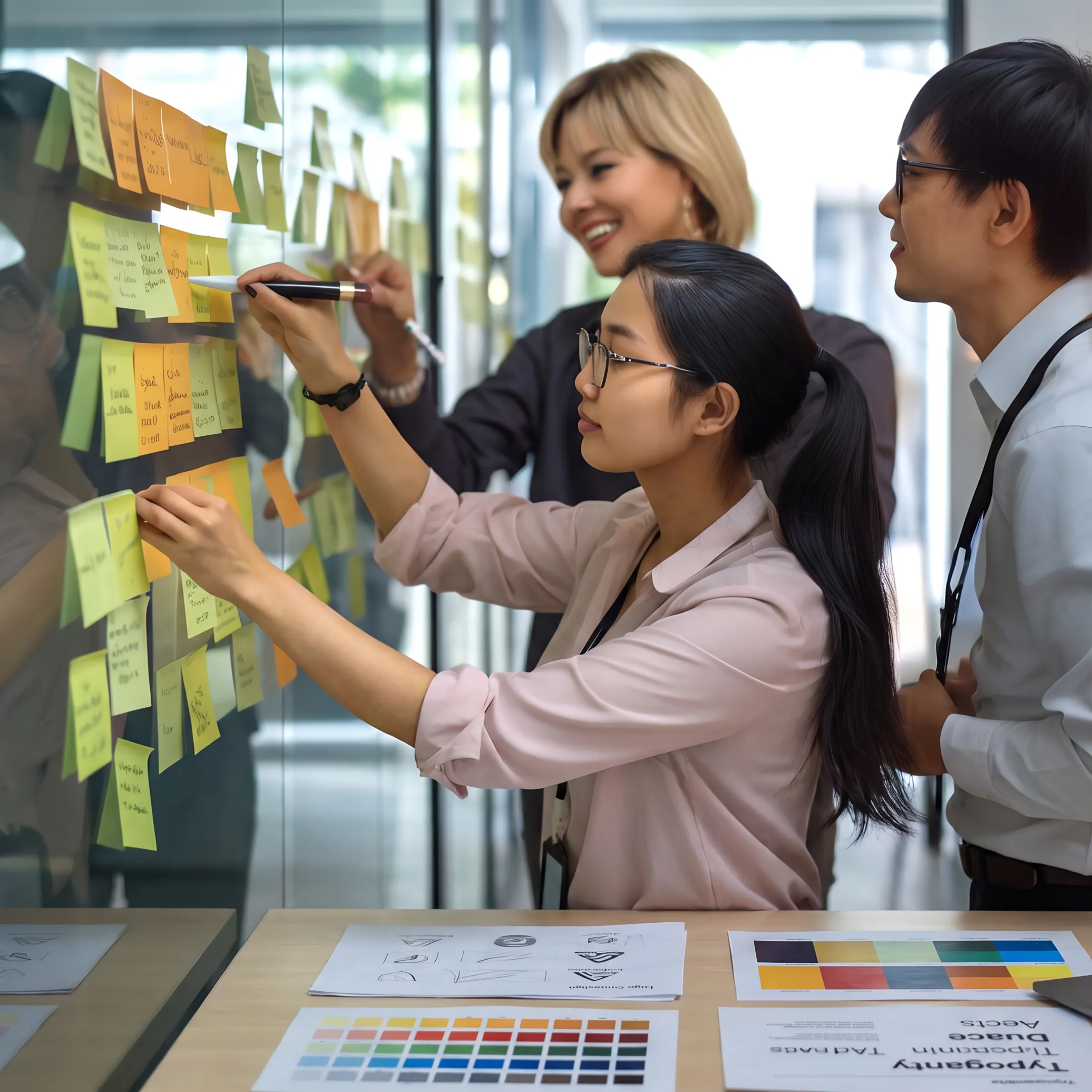 Brand strategists reviewing identity concepts, colour palettes, and brand materials in a collaborative studio meeting