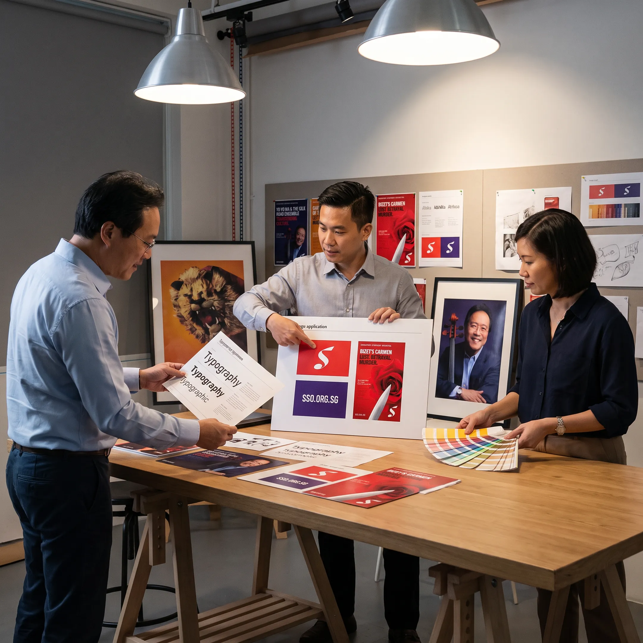 Creative team presenting a cohesive brand identity system with logo, typography, colours, and communications examples