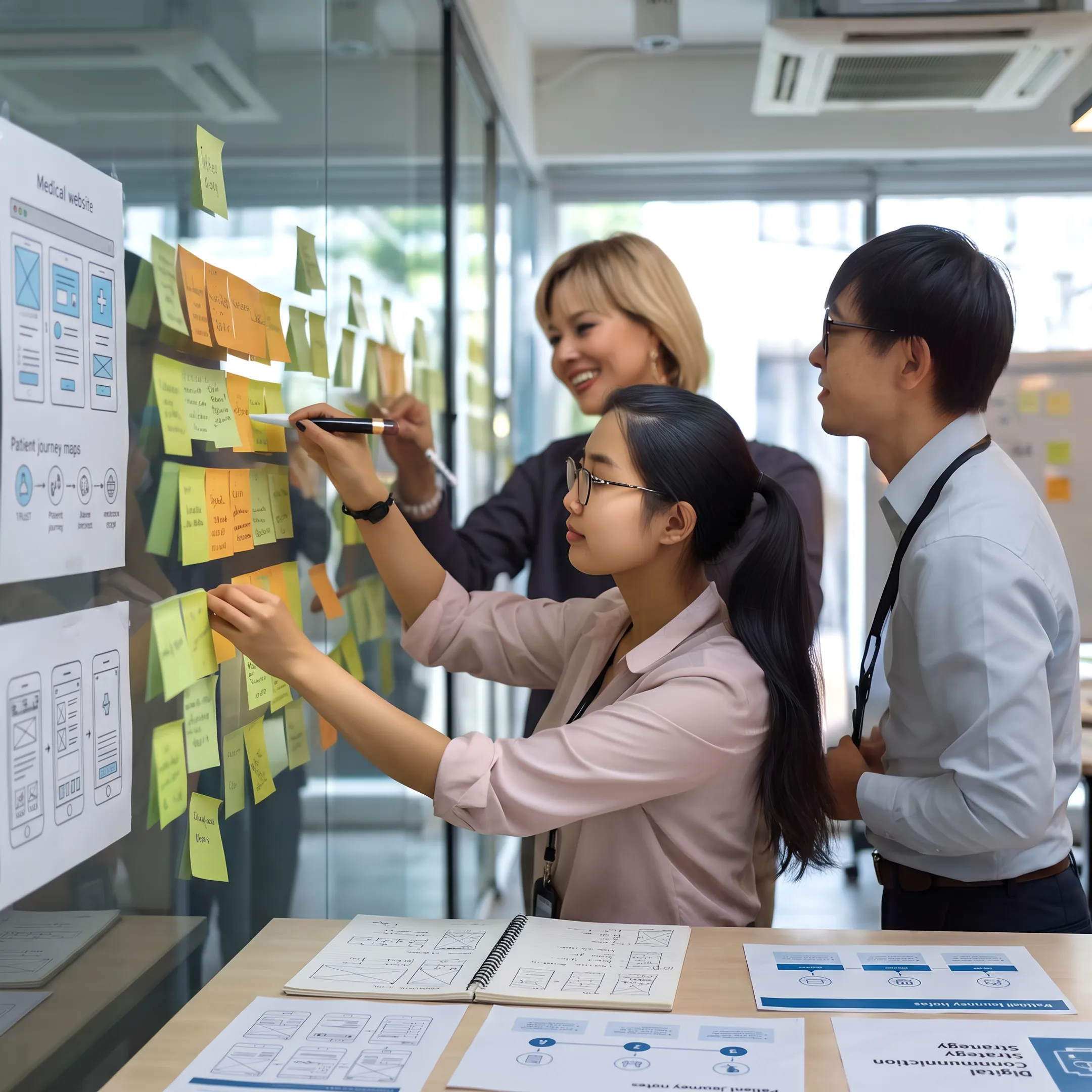 Healthcare branding team reviewing a medical website concept in a collaborative studio