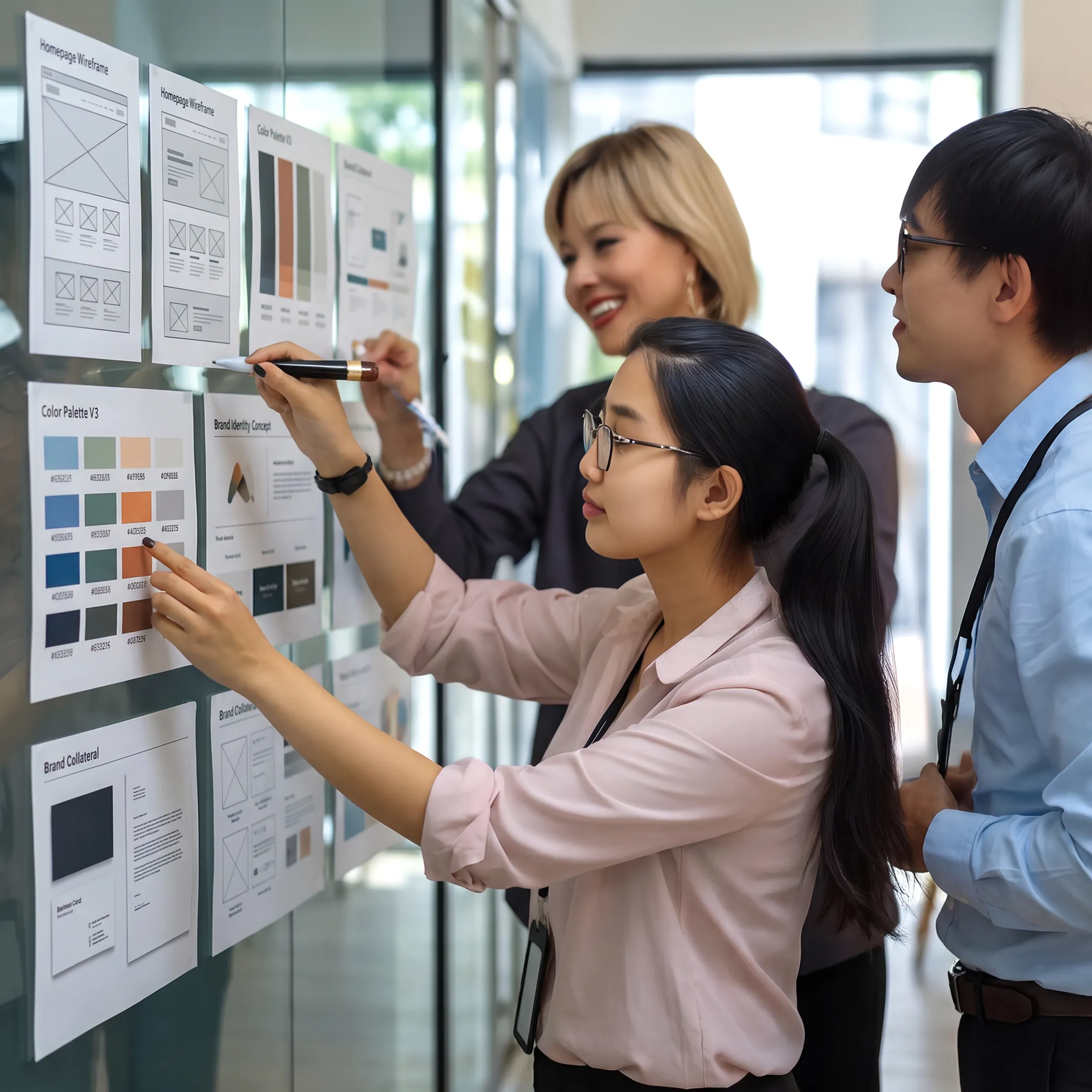 Brand strategist reviewing website and identity concepts with a client team