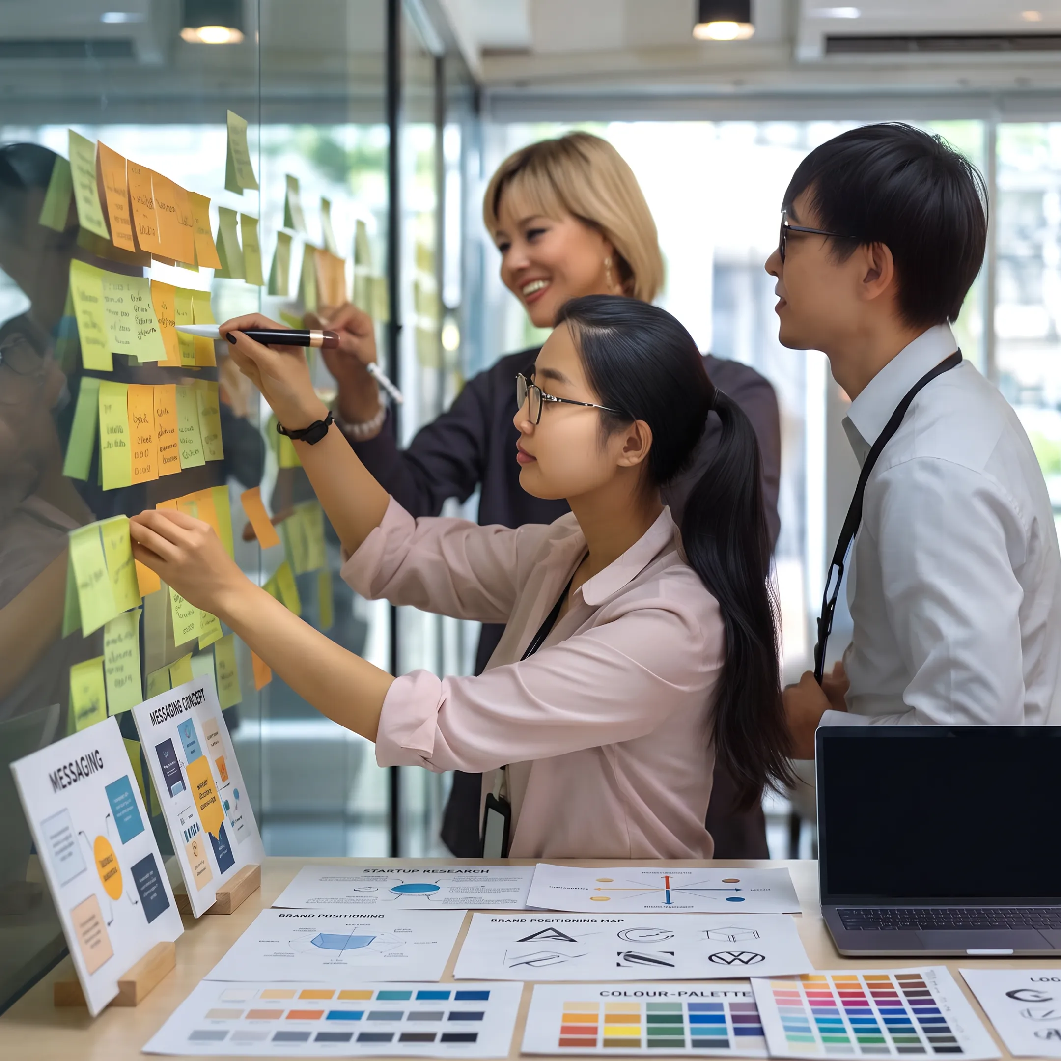 Creative team developing a cohesive startup brand strategy and visual identity