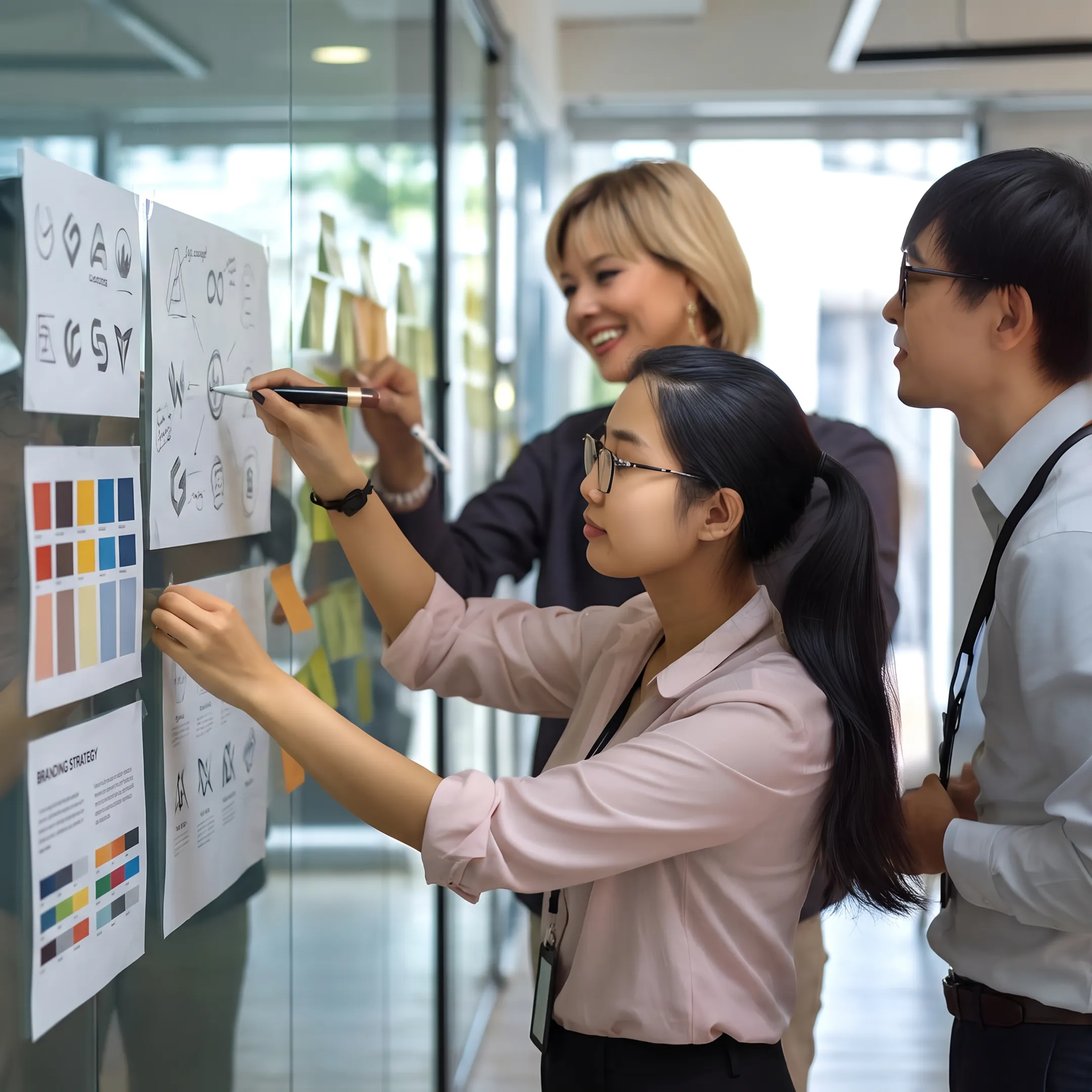 Startup founders reviewing a strategic brand identity presentation with a creative branding team