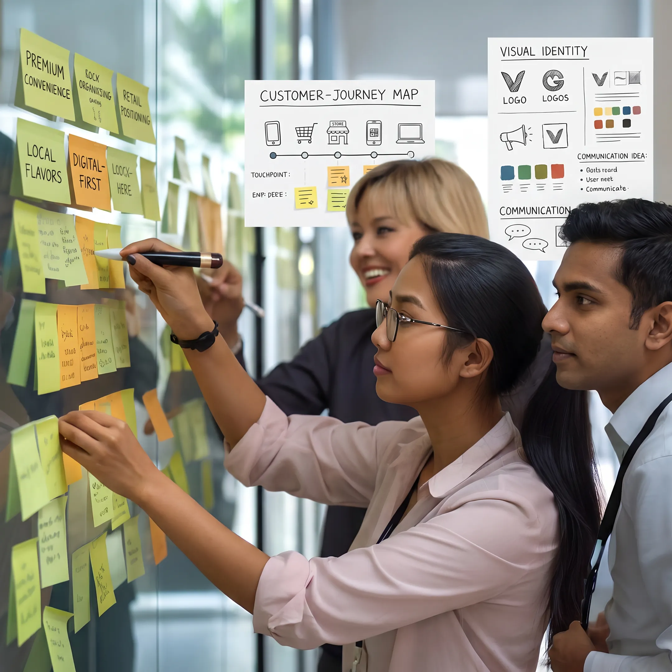 Retail branding team developing customer-focused brand concepts