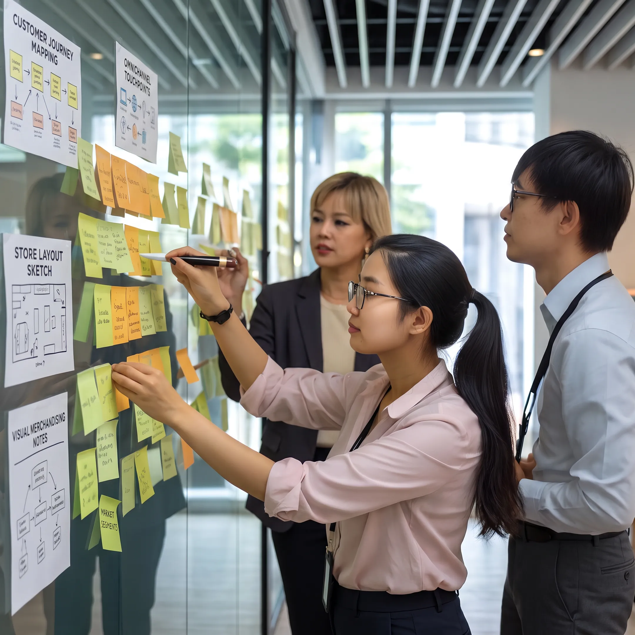Brand consultants reviewing retail strategy materials in a Singapore meeting room