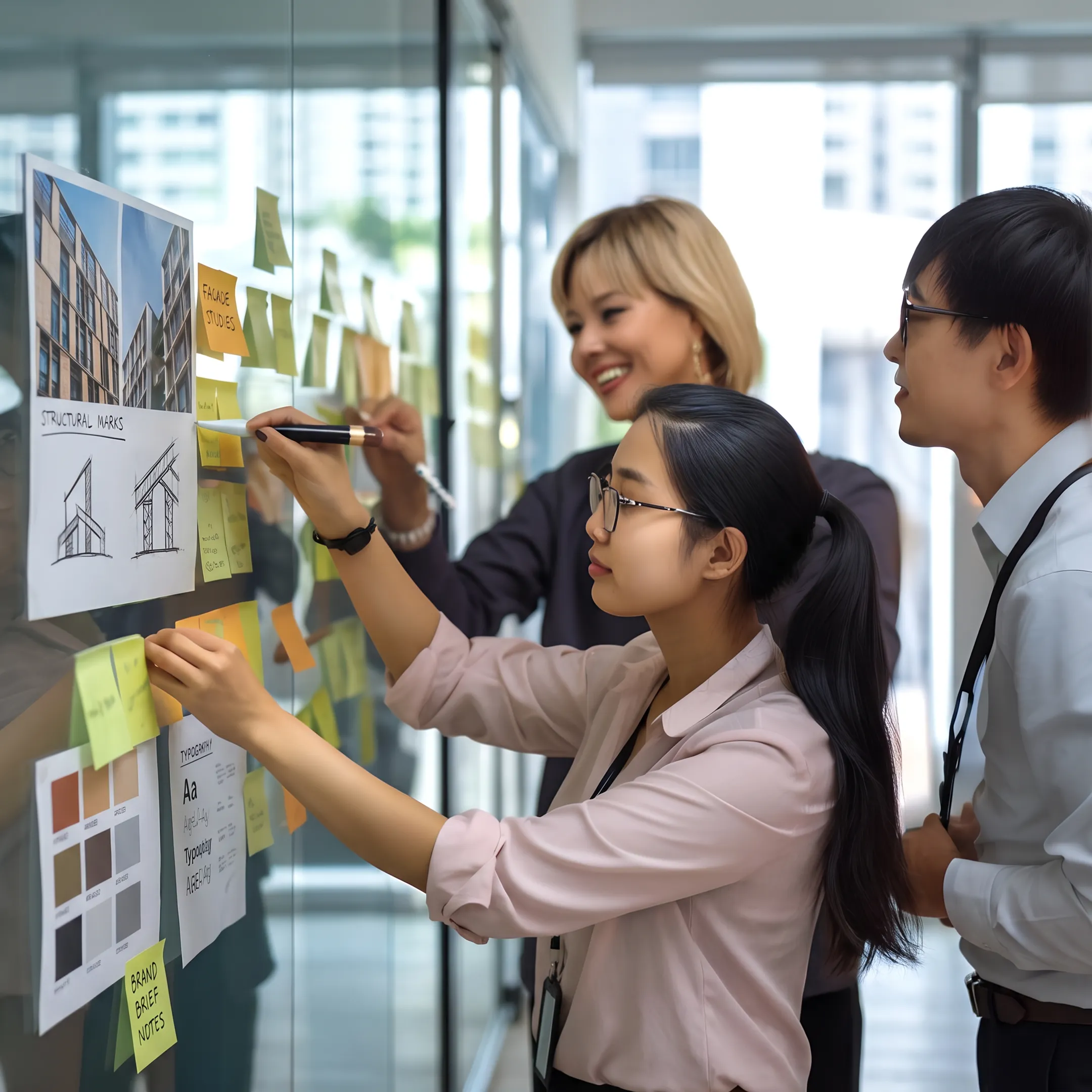 Branding consultants reviewing construction company identity concepts and strategy materials in a Singapore office