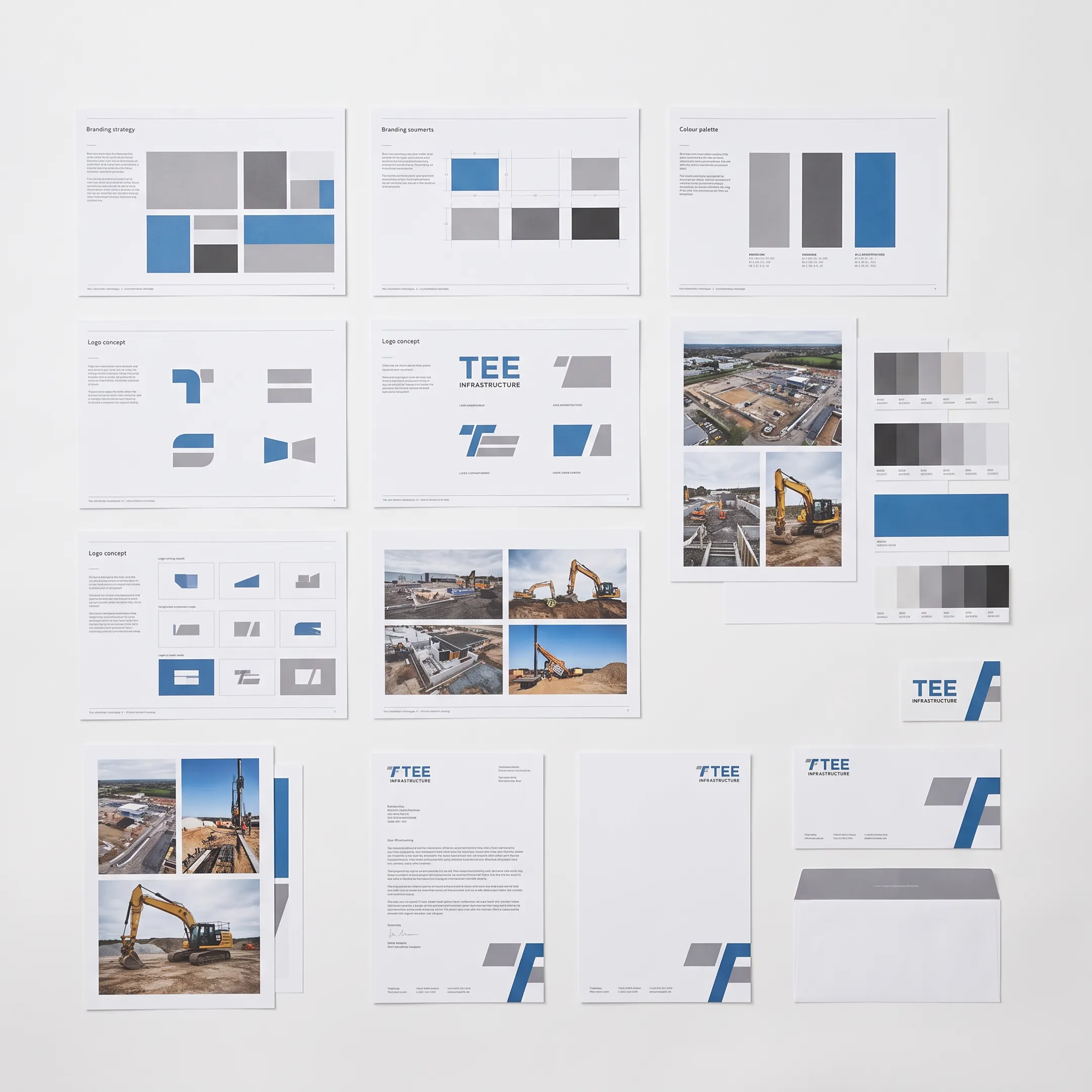 Construction branding strategy and visual identity materials arranged on a consultant’s desk