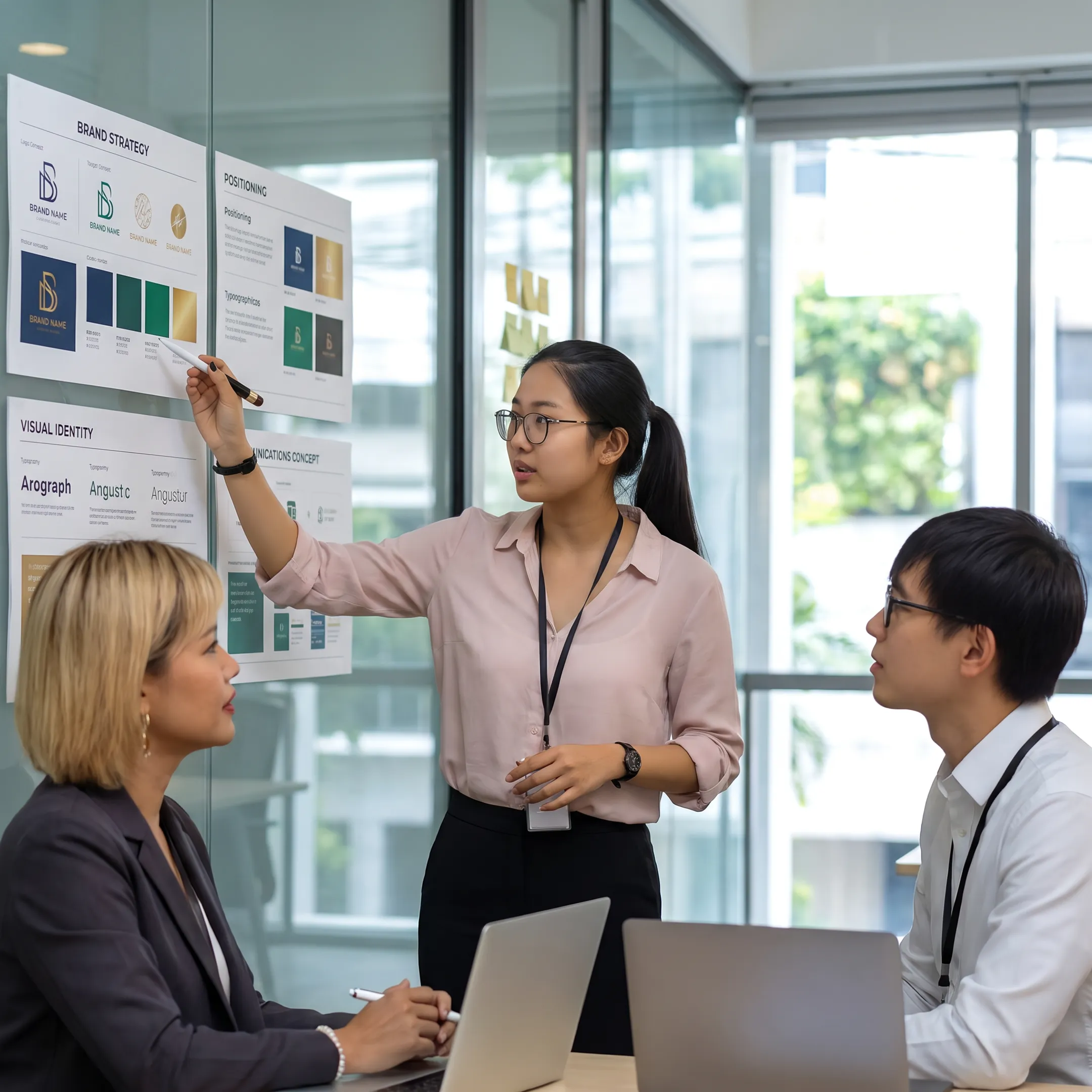 Brand strategist presenting a cohesive visual identity system to a collaborative client team