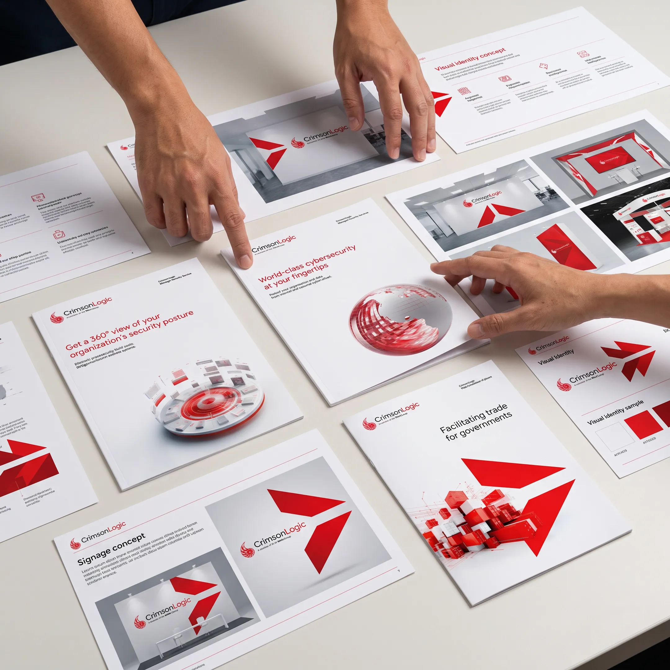 Branded collateral and identity concepts displayed for client review