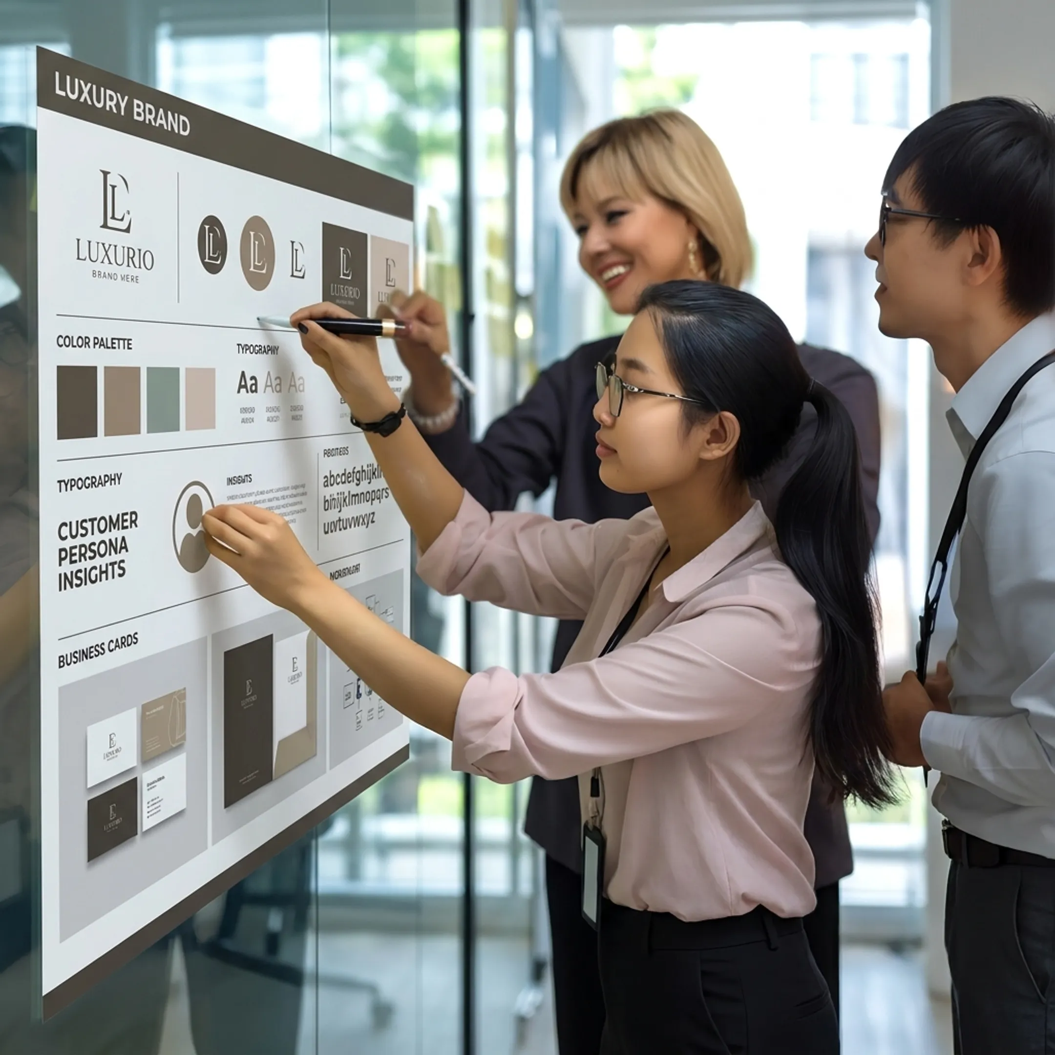Brand strategist presenting a refined luxury identity system to a client team