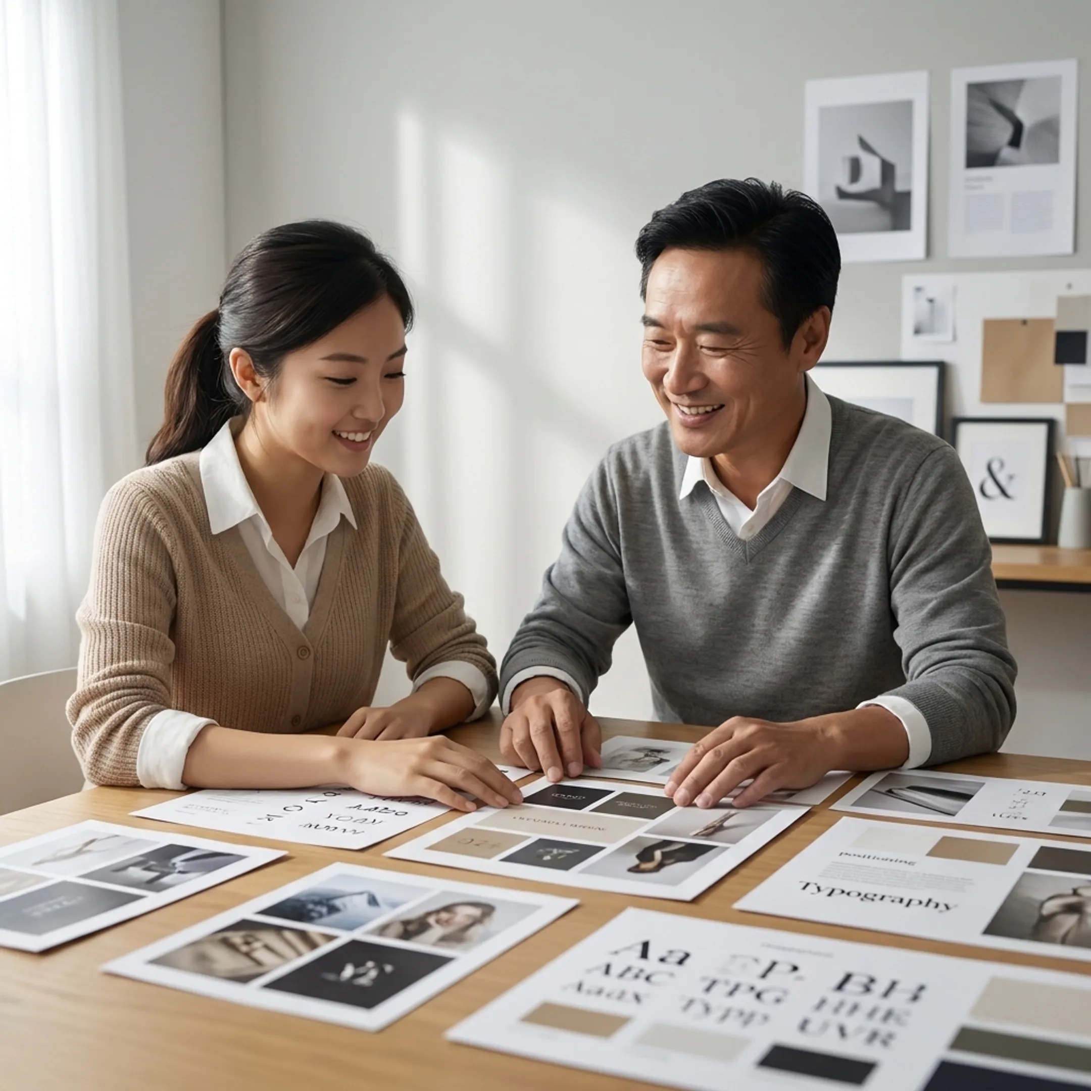 Creative branding team developing a refined luxury brand identity in a contemporary studio