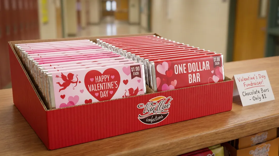Individually wrapped Valentine's chocolate fundraiser bars ready for sale