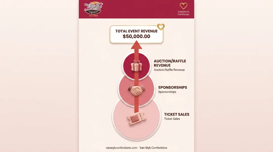 Valentine's fundraising event revenue streams ticket sales sponsorships and auction