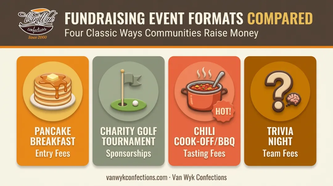 Comparison of classic Lions Club fundraising events pancake breakfast golf trivia
