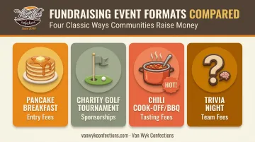 Comparison of classic Lions Club fundraising events pancake breakfast golf trivia
