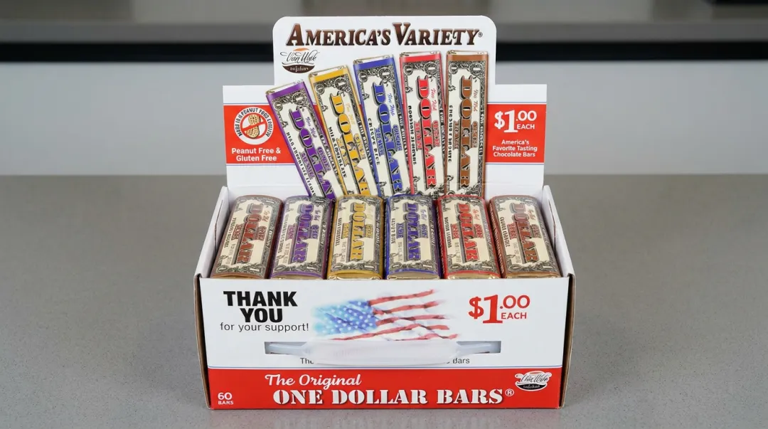 Boxed chocolate bars for fundraiser sale display with pricing signage